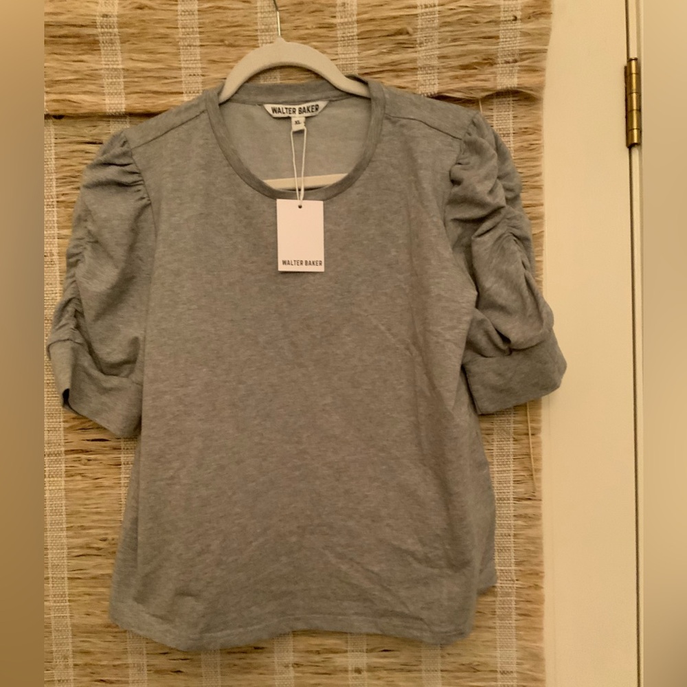 NWT Walter Baker Heather Gray Cotton Tee with Ruched Sleeves-XL